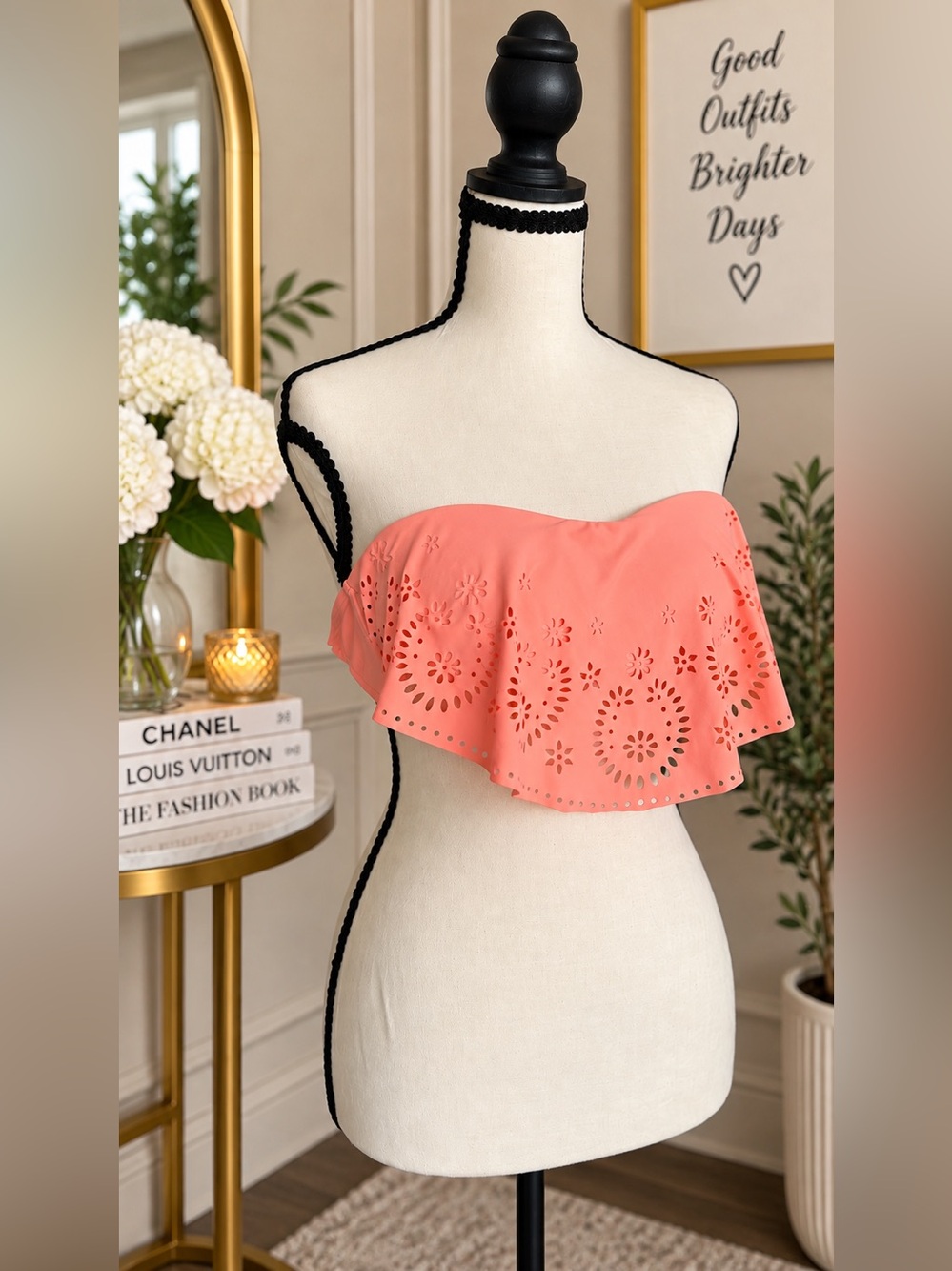 Xhilaration Coral Eyelet Ruffle Bandeau One-Piece
